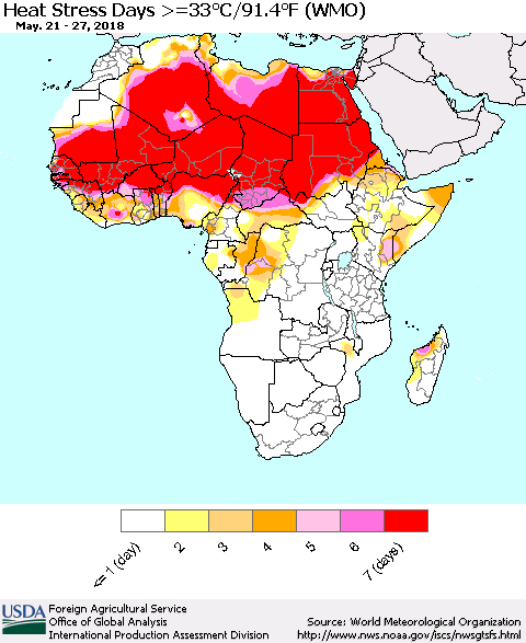 Africa Heat Stress Days >=35°C/95°F (WMO) Thematic Map For 5/21/2018 - 5/27/2018