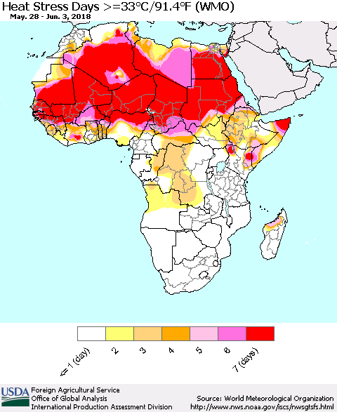 Africa Heat Stress Days >=35°C/95°F (WMO) Thematic Map For 5/28/2018 - 6/3/2018