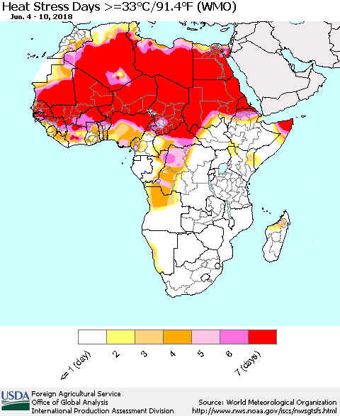 Africa Heat Stress Days >=35°C/95°F (WMO) Thematic Map For 6/4/2018 - 6/10/2018