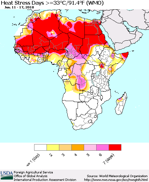 Africa Heat Stress Days >=35°C/95°F (WMO) Thematic Map For 6/11/2018 - 6/17/2018