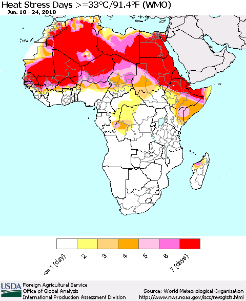 Africa Heat Stress Days >=35°C/95°F (WMO) Thematic Map For 6/18/2018 - 6/24/2018