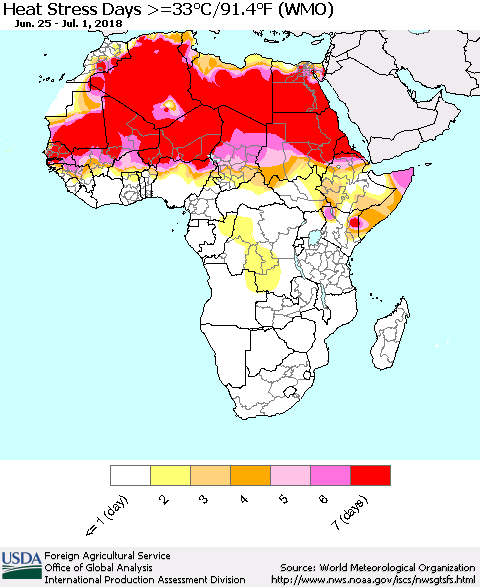 Africa Heat Stress Days >=35°C/95°F (WMO) Thematic Map For 6/25/2018 - 7/1/2018