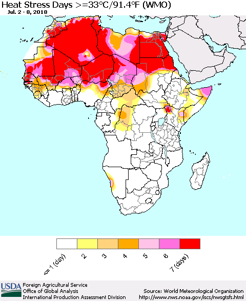 Africa Heat Stress Days >=35°C/95°F (WMO) Thematic Map For 7/2/2018 - 7/8/2018