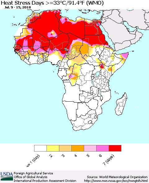 Africa Heat Stress Days >=35°C/95°F (WMO) Thematic Map For 7/9/2018 - 7/15/2018