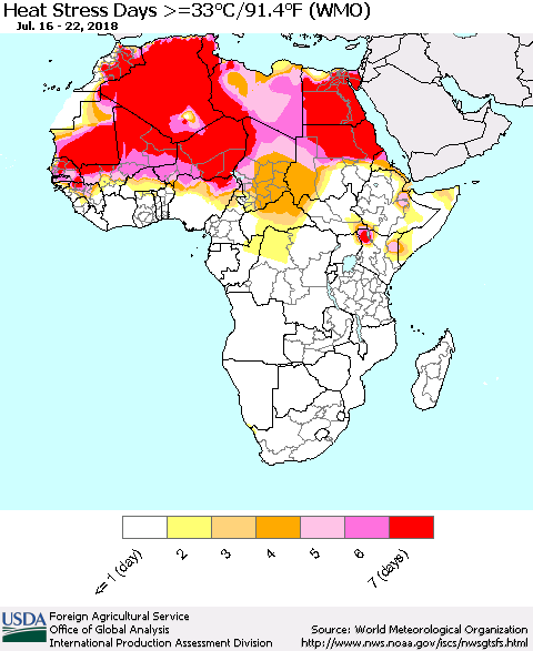 Africa Heat Stress Days >=35°C/95°F (WMO) Thematic Map For 7/16/2018 - 7/22/2018