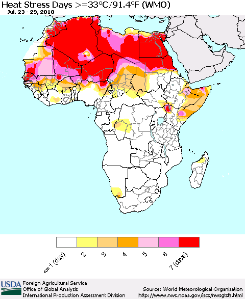 Africa Heat Stress Days >=35°C/95°F (WMO) Thematic Map For 7/23/2018 - 7/29/2018