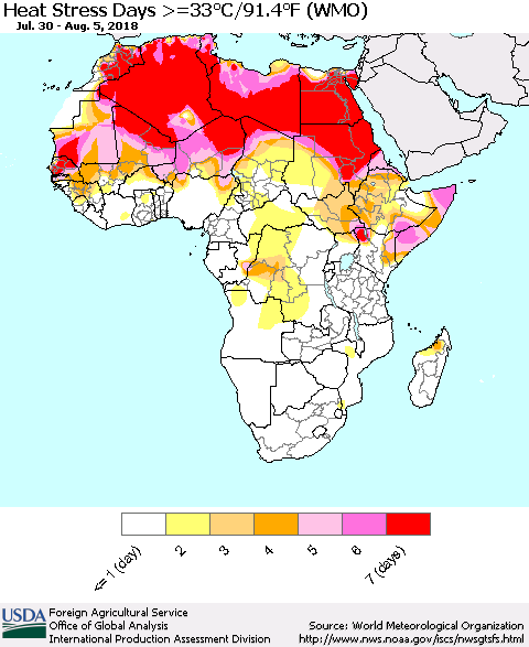 Africa Heat Stress Days >=35°C/95°F (WMO) Thematic Map For 7/30/2018 - 8/5/2018
