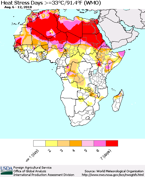 Africa Heat Stress Days >=35°C/95°F (WMO) Thematic Map For 8/6/2018 - 8/12/2018