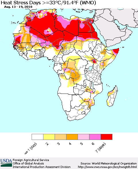 Africa Heat Stress Days >=35°C/95°F (WMO) Thematic Map For 8/13/2018 - 8/19/2018