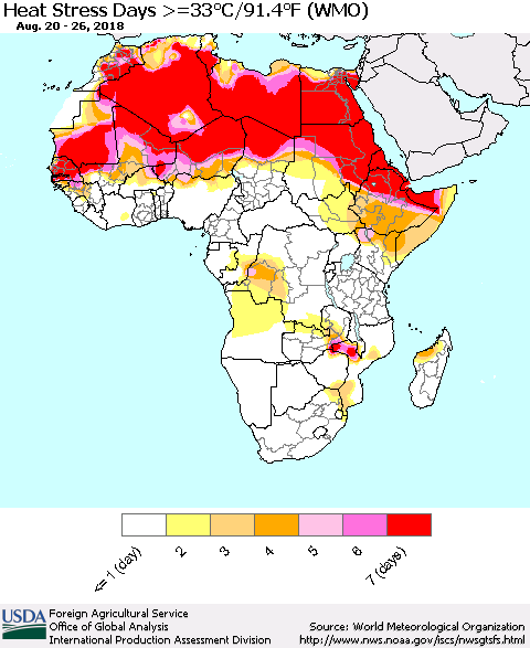 Africa Heat Stress Days >=35°C/95°F (WMO) Thematic Map For 8/20/2018 - 8/26/2018