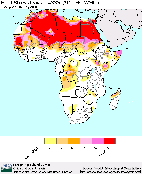 Africa Heat Stress Days >=35°C/95°F (WMO) Thematic Map For 8/27/2018 - 9/2/2018