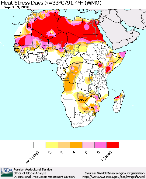 Africa Heat Stress Days >=35°C/95°F (WMO) Thematic Map For 9/3/2018 - 9/9/2018