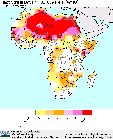 Africa Heat Stress Days >=35°C/95°F (WMO) Thematic Map For 9/10/2018 - 9/16/2018