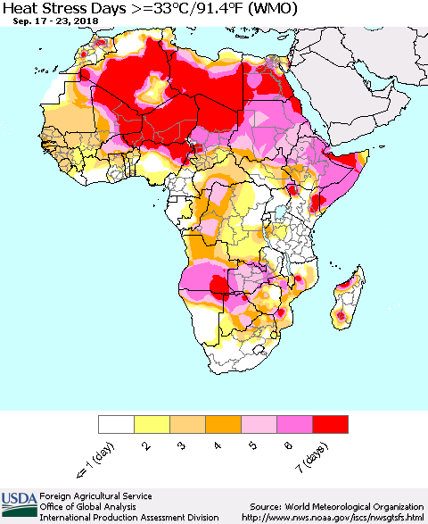 Africa Heat Stress Days >=35°C/95°F (WMO) Thematic Map For 9/17/2018 - 9/23/2018