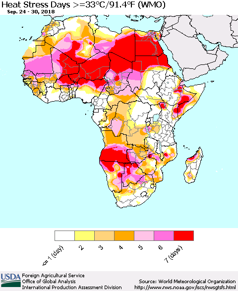 Africa Heat Stress Days >=35°C/95°F (WMO) Thematic Map For 9/24/2018 - 9/30/2018