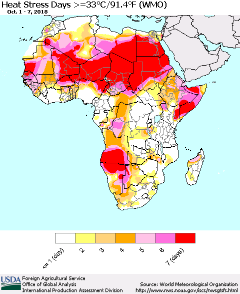 Africa Heat Stress Days >=35°C/95°F (WMO) Thematic Map For 10/1/2018 - 10/7/2018