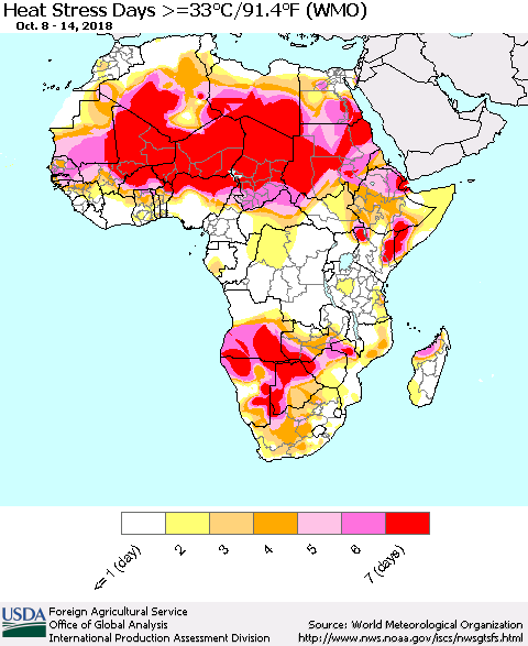Africa Heat Stress Days >=35°C/95°F (WMO) Thematic Map For 10/8/2018 - 10/14/2018