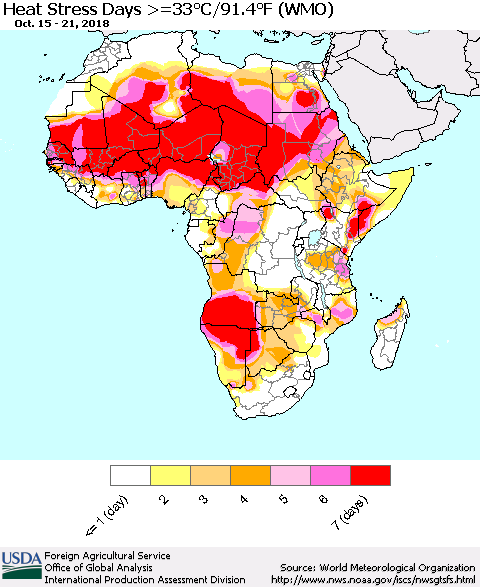 Africa Heat Stress Days >=35°C/95°F (WMO) Thematic Map For 10/15/2018 - 10/21/2018