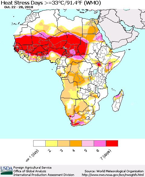 Africa Heat Stress Days >=35°C/95°F (WMO) Thematic Map For 10/22/2018 - 10/28/2018