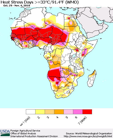 Africa Heat Stress Days >=35°C/95°F (WMO) Thematic Map For 10/29/2018 - 11/4/2018