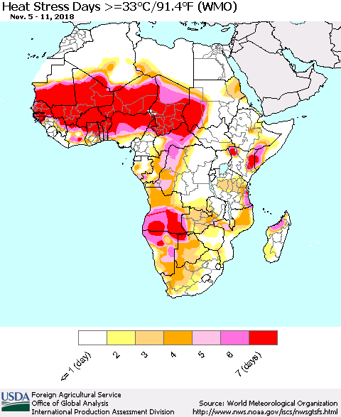 Africa Heat Stress Days >=35°C/95°F (WMO) Thematic Map For 11/5/2018 - 11/11/2018