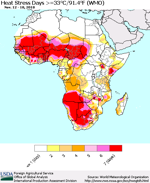 Africa Heat Stress Days >=35°C/95°F (WMO) Thematic Map For 11/12/2018 - 11/18/2018