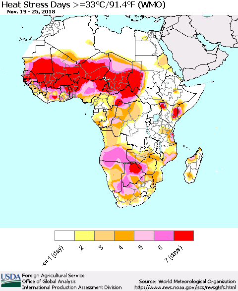 Africa Heat Stress Days >=35°C/95°F (WMO) Thematic Map For 11/19/2018 - 11/25/2018