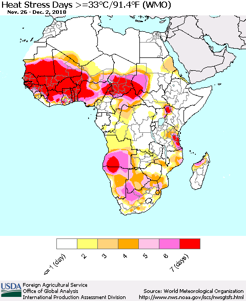 Africa Heat Stress Days >=35°C/95°F (WMO) Thematic Map For 11/26/2018 - 12/2/2018