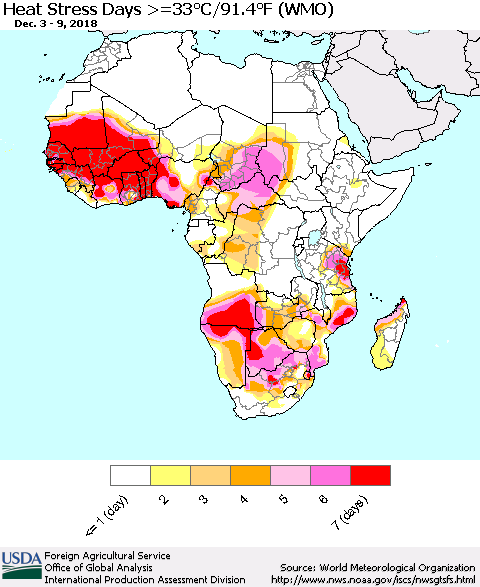 Africa Heat Stress Days >=35°C/95°F (WMO) Thematic Map For 12/3/2018 - 12/9/2018