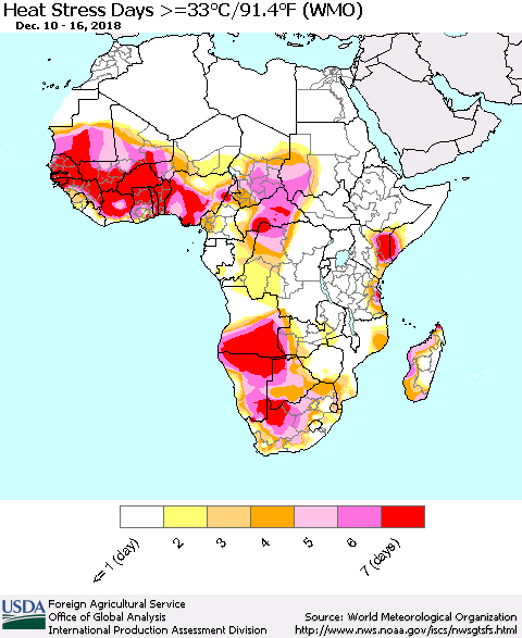Africa Heat Stress Days >=35°C/95°F (WMO) Thematic Map For 12/10/2018 - 12/16/2018