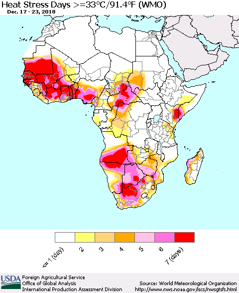 Africa Heat Stress Days >=35°C/95°F (WMO) Thematic Map For 12/17/2018 - 12/23/2018