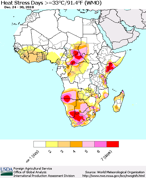 Africa Heat Stress Days >=35°C/95°F (WMO) Thematic Map For 12/24/2018 - 12/30/2018