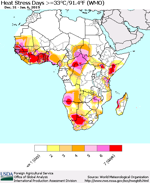 Africa Heat Stress Days >=35°C/95°F (WMO) Thematic Map For 12/31/2018 - 1/6/2019