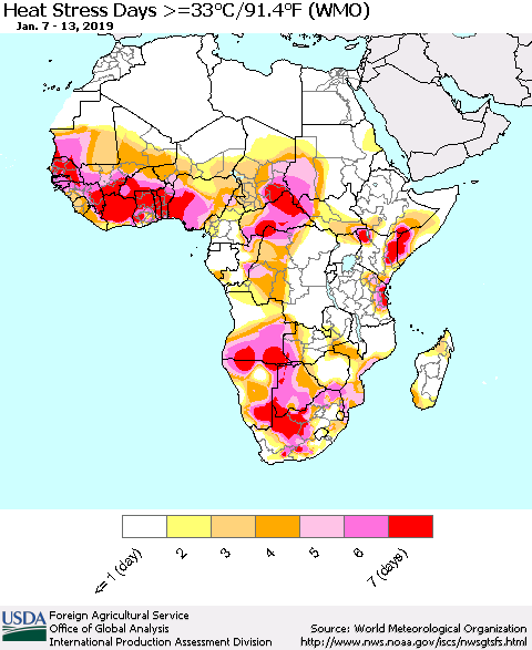 Africa Heat Stress Days >=35°C/95°F (WMO) Thematic Map For 1/7/2019 - 1/13/2019