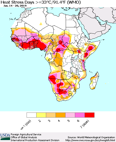 Africa Heat Stress Days >=35°C/95°F (WMO) Thematic Map For 1/14/2019 - 1/20/2019