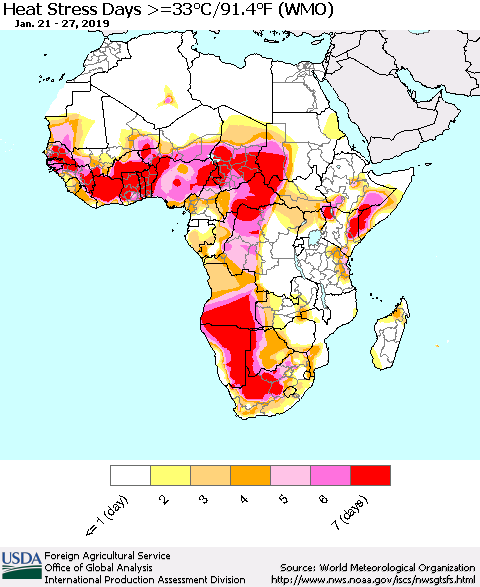 Africa Heat Stress Days >=35°C/95°F (WMO) Thematic Map For 1/21/2019 - 1/27/2019