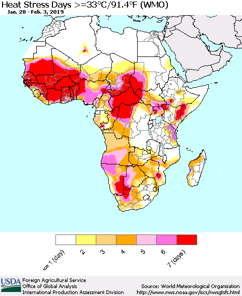 Africa Heat Stress Days >=35°C/95°F (WMO) Thematic Map For 1/28/2019 - 2/3/2019