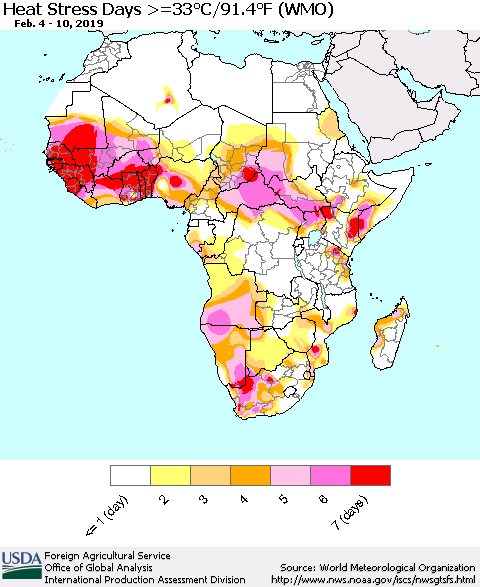 Africa Heat Stress Days >=35°C/95°F (WMO) Thematic Map For 2/4/2019 - 2/10/2019