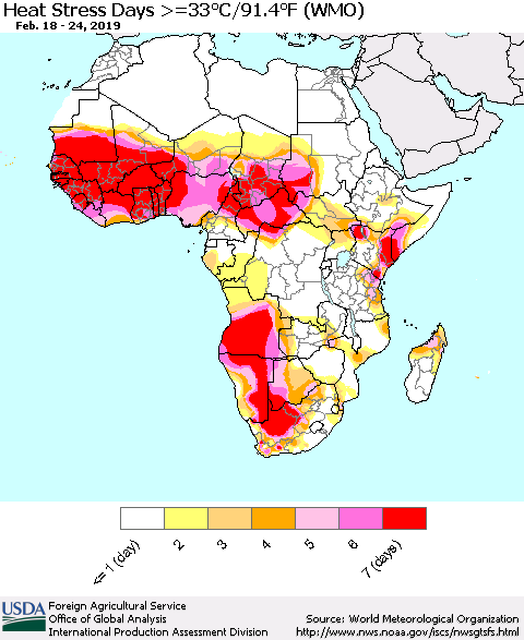 Africa Heat Stress Days >=35°C/95°F (WMO) Thematic Map For 2/18/2019 - 2/24/2019