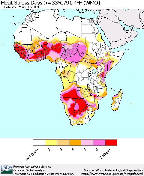 Africa Heat Stress Days >=35°C/95°F (WMO) Thematic Map For 2/25/2019 - 3/3/2019