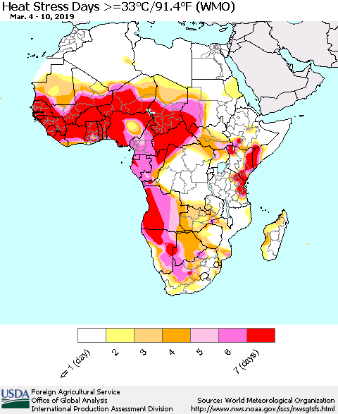 Africa Heat Stress Days >=35°C/95°F (WMO) Thematic Map For 3/4/2019 - 3/10/2019