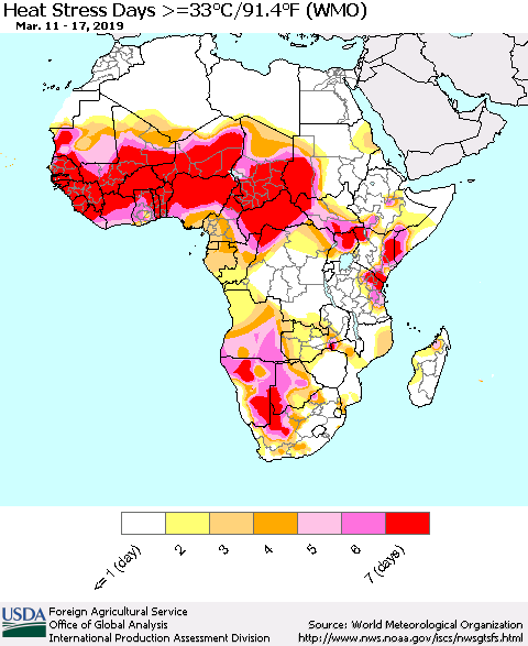 Africa Heat Stress Days >=35°C/95°F (WMO) Thematic Map For 3/11/2019 - 3/17/2019