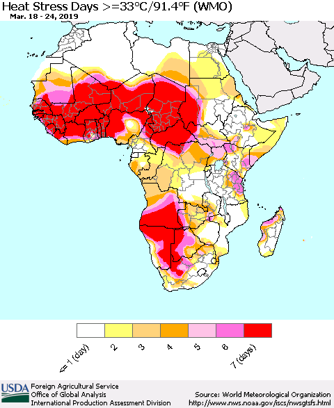 Africa Heat Stress Days >=35°C/95°F (WMO) Thematic Map For 3/18/2019 - 3/24/2019