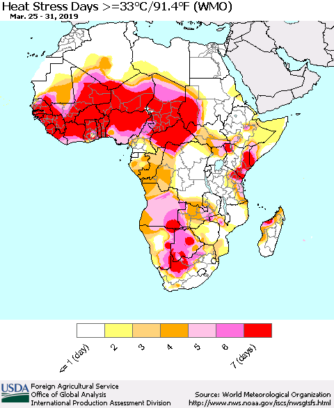 Africa Heat Stress Days >=35°C/95°F (WMO) Thematic Map For 3/25/2019 - 3/31/2019