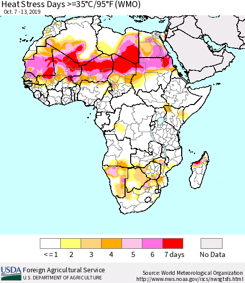 Africa Heat Stress Days >=35°C/95°F (WMO) Thematic Map For 10/7/2019 - 10/13/2019