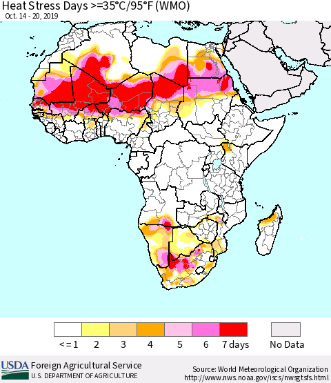Africa Heat Stress Days >=35°C/95°F (WMO) Thematic Map For 10/14/2019 - 10/20/2019