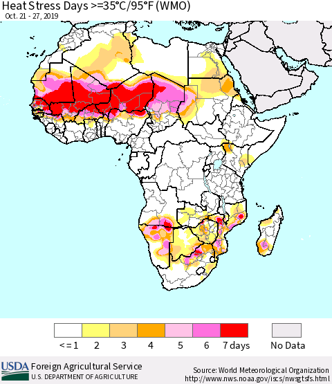Africa Heat Stress Days >=35°C/95°F (WMO) Thematic Map For 10/21/2019 - 10/27/2019
