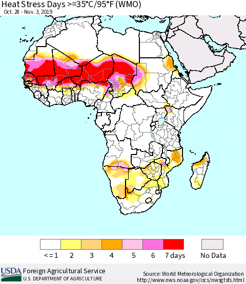 Africa Heat Stress Days >=35°C/95°F (WMO) Thematic Map For 10/28/2019 - 11/3/2019