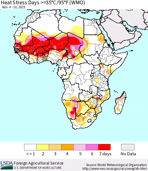 Africa Heat Stress Days >=35°C/95°F (WMO) Thematic Map For 11/4/2019 - 11/10/2019