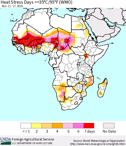 Africa Heat Stress Days >=35°C/95°F (WMO) Thematic Map For 11/11/2019 - 11/17/2019